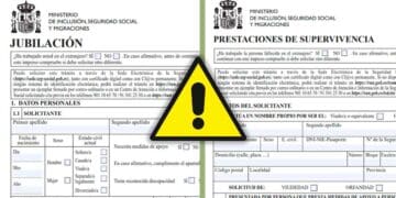 Formularios oficiales de la Seguridad Social para pensión de jubilación y viudedad separados por una señal de advertencia sobre incompatibilidades