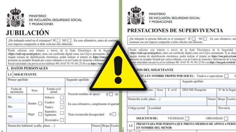 Formularios oficiales de la Seguridad Social para pensión de jubilación y viudedad separados por una señal de advertencia sobre incompatibilidades