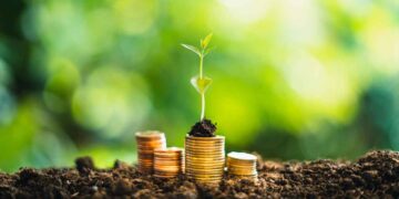 Brote verde sobre pilas de monedas representa préstamo verde y financiación ecológica orientada al ahorro y sostenibilidad