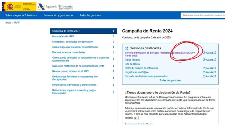 Página de la Agencia Tributaria mostrando el enlace resaltado a Renta Directa, nuevo sistema exprés para declarar la renta 2024