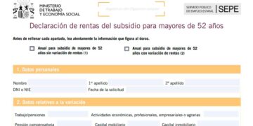 Formulario Declaración Anual de Rentas del subsidio para mayores de 52 años del SEPE, obligatorio para mantener la prestación