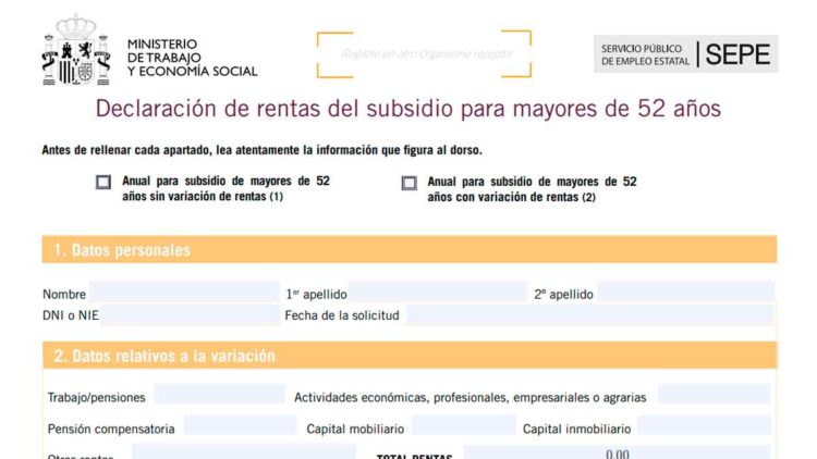 Formulario Declaración Anual de Rentas del subsidio para mayores de 52 años del SEPE, obligatorio para mantener la prestación