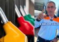 Trabajador de gasolinera señala un surtidor y recomienda carburantes premium (diésel E-Plus 10 y gasolina 98) para proteger el motor