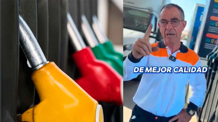 Trabajador de gasolinera señala un surtidor y recomienda carburantes premium (diésel E-Plus 10 y gasolina 98) para proteger el motor