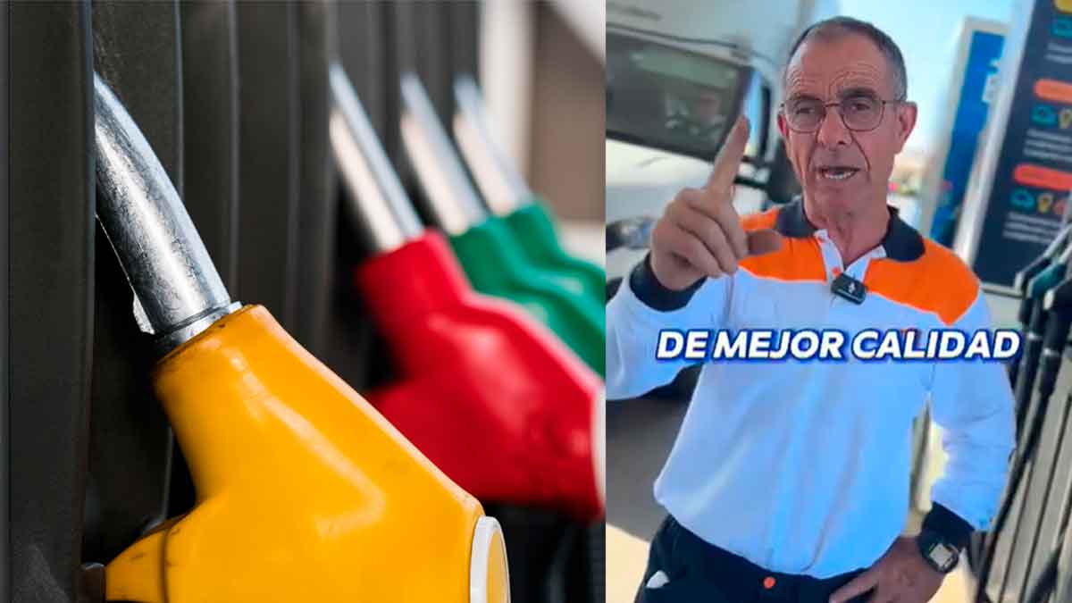 Trabajador de gasolinera señala un surtidor y recomienda carburantes premium (diésel E-Plus 10 y gasolina 98) para proteger el motor