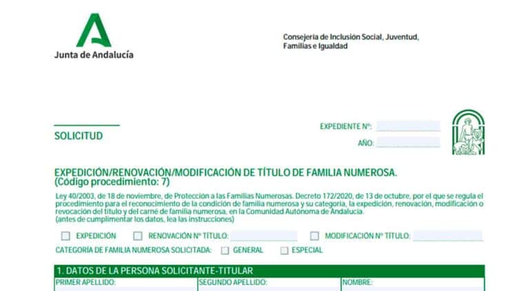 Formulario oficial de la Junta de Andalucía para expedir o renovar el Título de Familia Numerosa