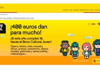 Cartel oficial del Bono Cultural Joven 2025 con texto “400 euros dan para mucho” y cuatro personajes pixel art sobre fondo amarillo