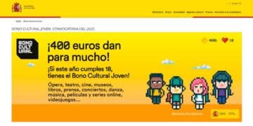 Cartel oficial del Bono Cultural Joven 2025 con texto “400 euros dan para mucho” y cuatro personajes pixel art sobre fondo amarillo