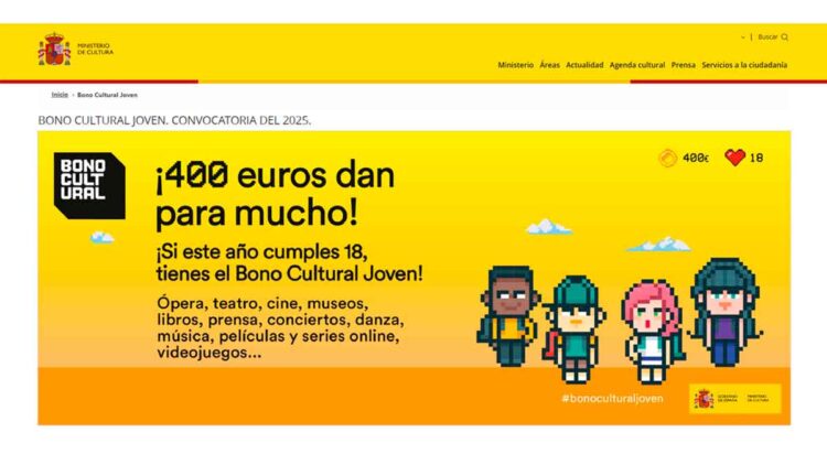 Cartel oficial del Bono Cultural Joven 2025 con texto “400 euros dan para mucho” y cuatro personajes pixel art sobre fondo amarillo