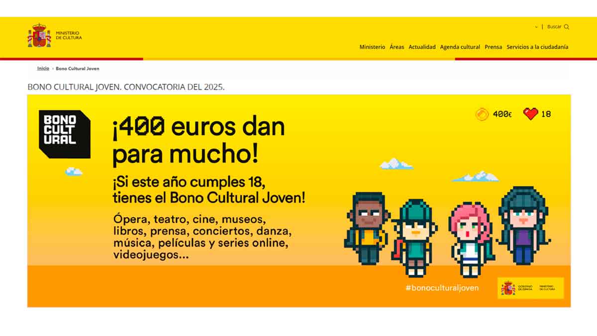 Cartel oficial del Bono Cultural Joven 2025 con texto “400 euros dan para mucho” y cuatro personajes pixel art sobre fondo amarillo