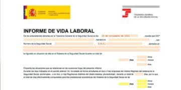 Informe de vida laboral de la Seguridad Social con total de días cotizados, ejemplo para calcular la jubilación