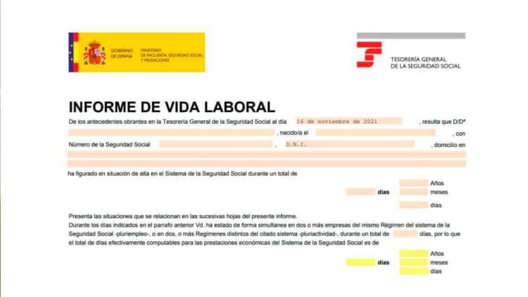 Informe de vida laboral de la Seguridad Social con total de días cotizados, ejemplo para calcular la jubilación