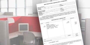 Documento de finiquito con desglose de salarios, vacaciones y deducciones sobre fondo de oficina
