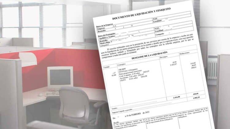 Documento de finiquito con desglose de salarios, vacaciones y deducciones sobre fondo de oficina