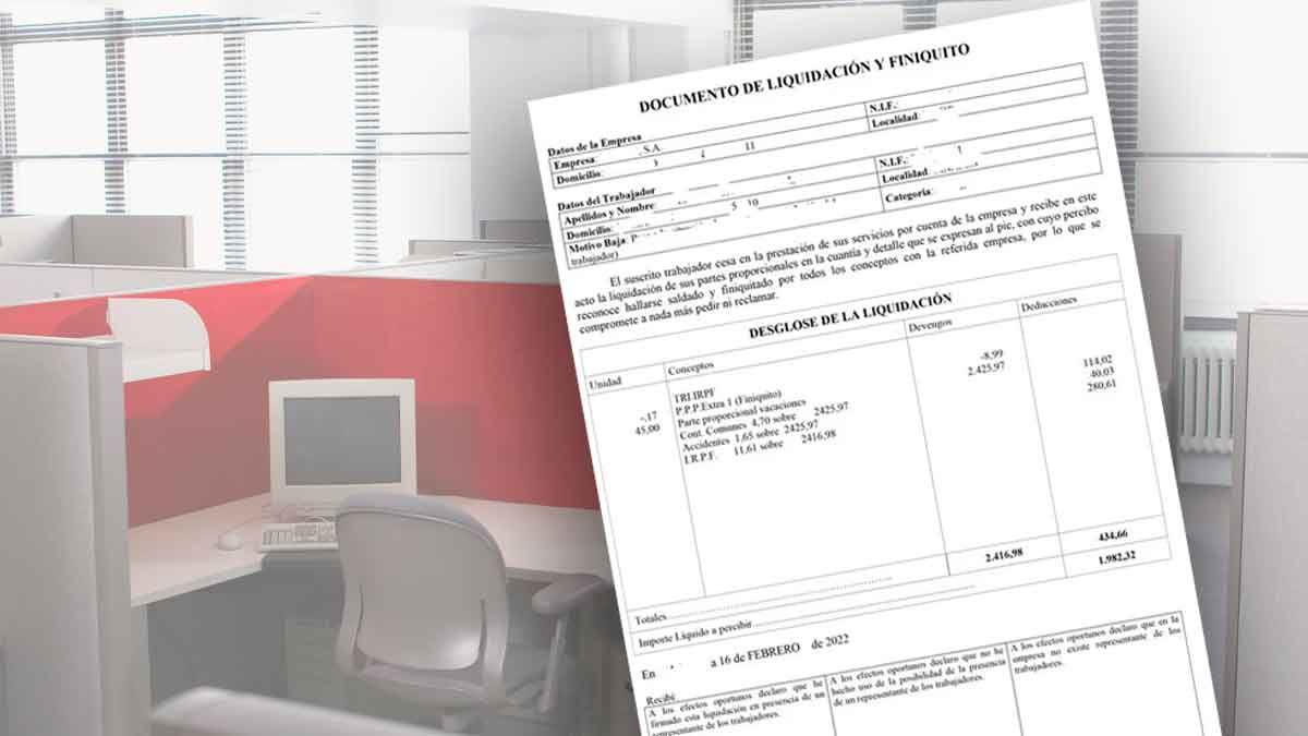 Documento de finiquito con desglose de salarios, vacaciones y deducciones sobre fondo de oficina