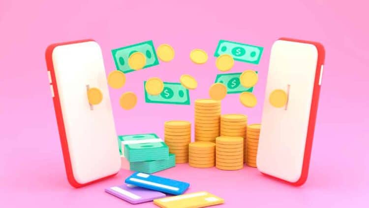 Transferencia inmediata de dinero entre móviles con monedas y billetes digitales