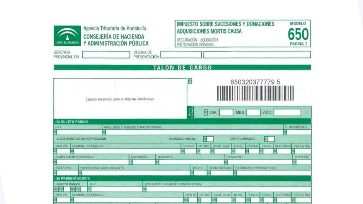 Formulario modelo 650 de la Junta de Andalucía para declarar el Impuesto de Sucesiones y Donaciones en 2025