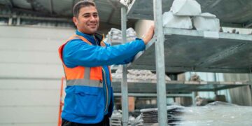 Empleado con chaleco reflectante organiza estanterías en un almacén; ejemplo de inclusión laboral de personas con autismo.