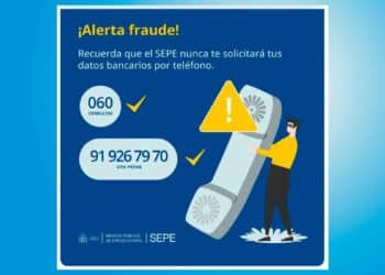 Infografía del SEPE alertando sobre fraudes telefónicos y mostrando los únicos dos números oficiales: 060 y 91 926 79 70