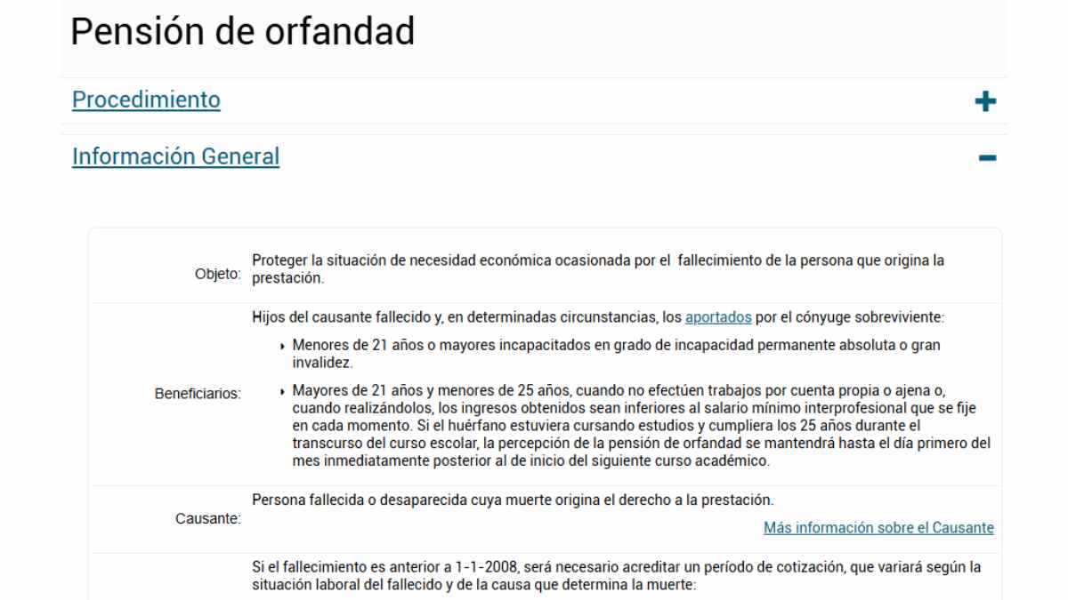 Requisitos de la pensión de orfandad para mayores de 52 años en la web de la Seguridad Social.