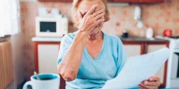 Mujer mayor preocupada revisa documentos sobre el retraso de la jubilación a 66 años y 10 meses desde 2026