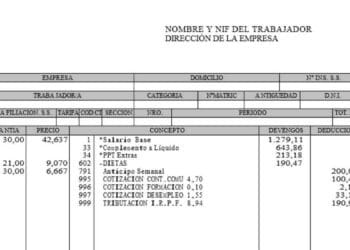 Nomina ejemplo con grupo de cotización y antigüedad destacados, junto a devengos y deducciones