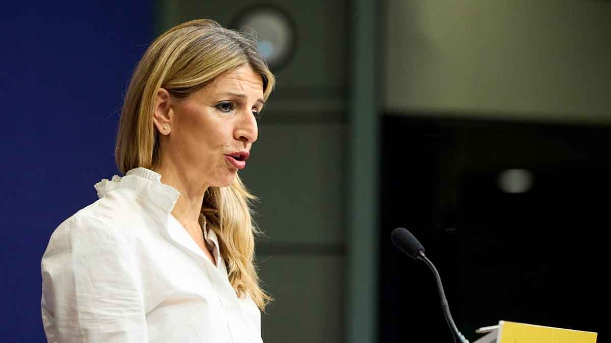 La ministra de Trabajo durante la rueda de prensa sobre el nuevo criterio del SEPE que descuenta días de paro por baja médica común