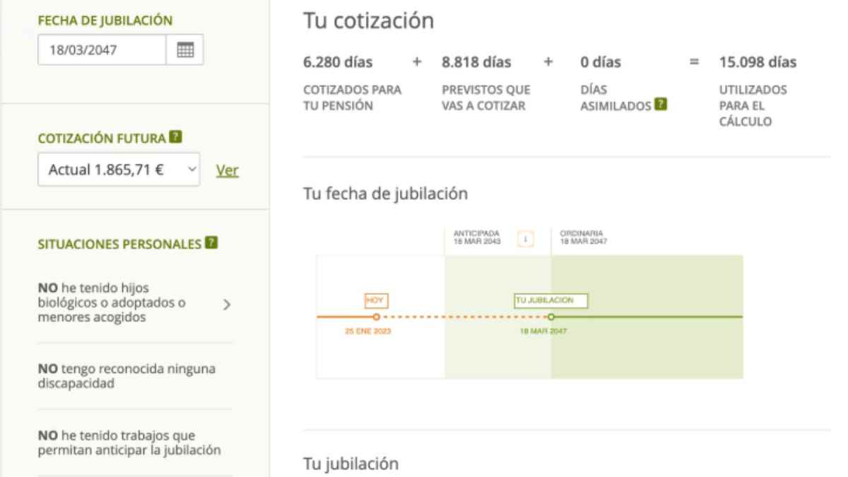 Captura del simulador oficial del INSS para calcular la pensión de incapacidad permanente y la jubilación.