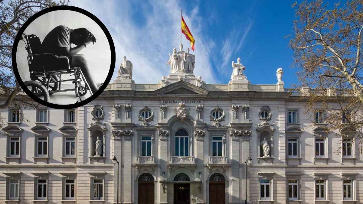 Tribunal Supremo de España con bandera y persona en silla de ruedas; sentencia sobre pensión de incapacidad absoluta y trabajo remunerado
