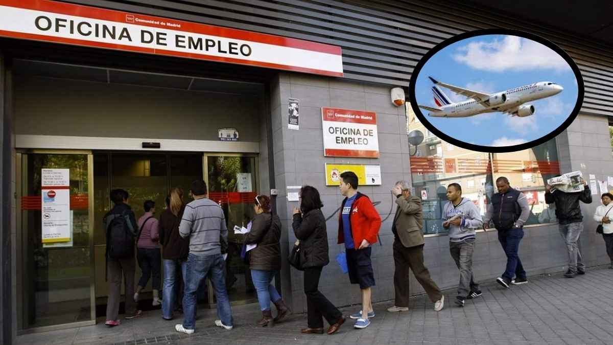 Viajero desempleado en aeropuerto con maleta y pasaporte, sujeto al límite de 30 días del SEPE.