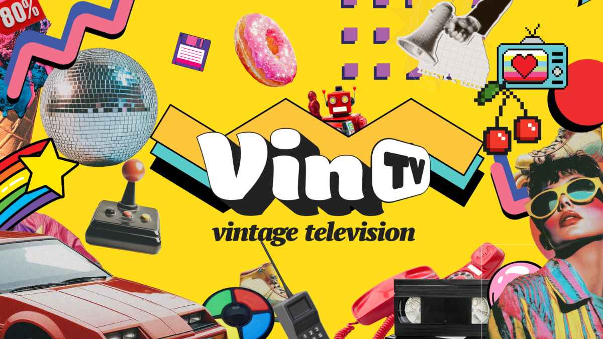 Collage retro con logo VinTV: coche fantástico, joystick, bola de espejos y otros iconos ochenteros; series clásicas gratis en la TDT.