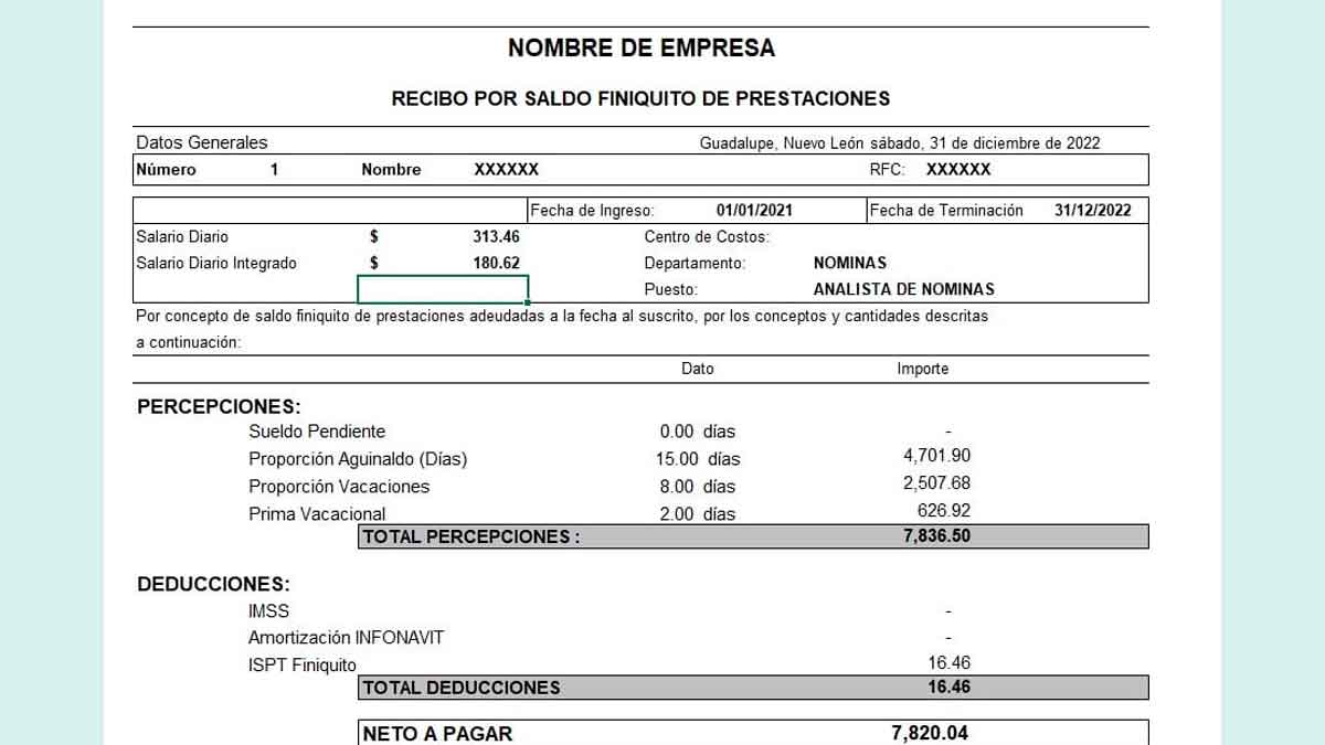 Ejemplo de recibo de finiquito con salario, vacaciones, pagas extra y deducciones para calcular la liquidación laboral 2025