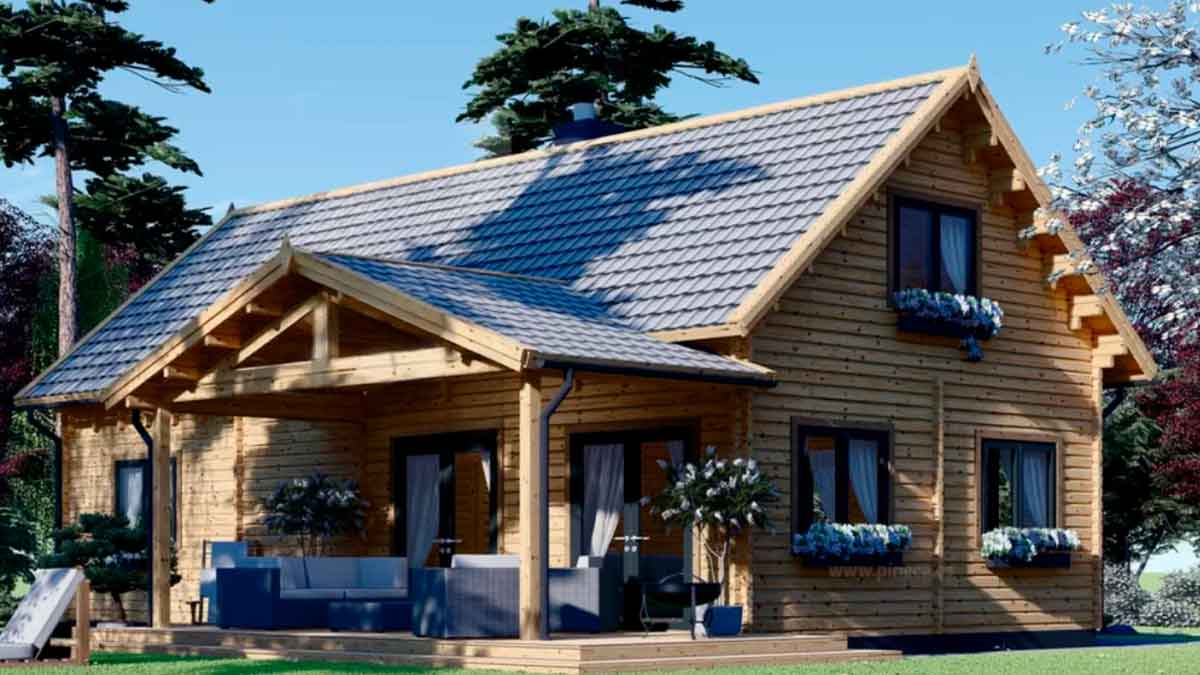 Exterior de la casa modular de madera VERA de dos plantas con porche y terraza de 14 m²