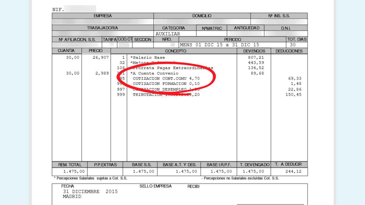 Detalle de una nómina española con un círculo rojo sobre “Cotización Cont.Comu 4,70 %”, deducción por contingencias comunes y MEI