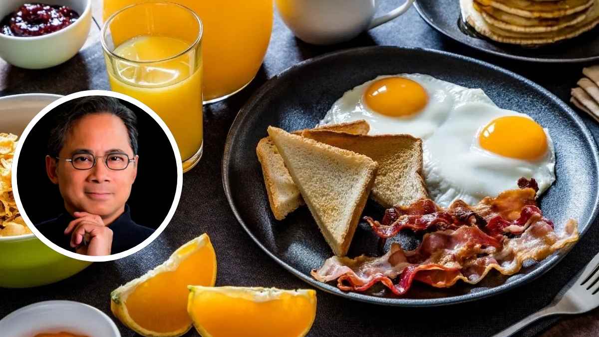 Desayuno con bacon crujiente, huevos fritos, tostadas y zumo; cardiólogo de Harvard alerta de mayor riesgo de cáncer.
