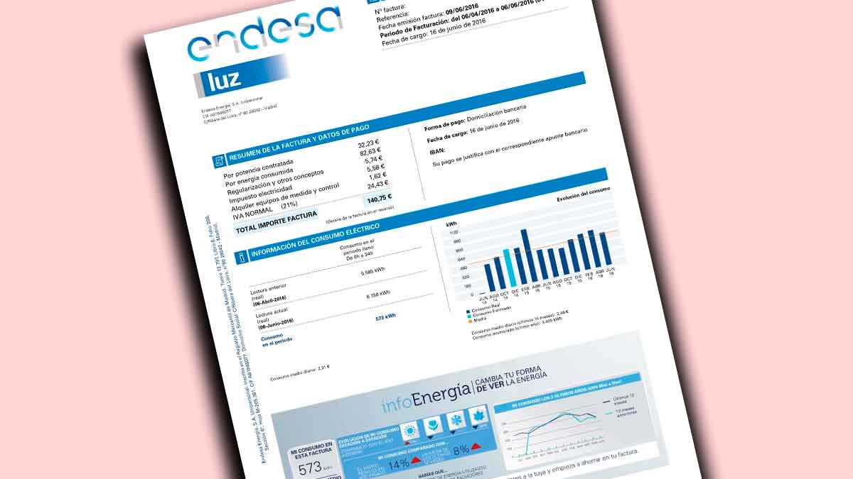 Ejemplo de factura eléctrica de Endesa mostrando el desglose de consumo y costes con incremento en el precio de la luz