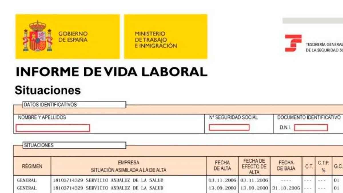 Informe de vida laboral actualizado de la Seguridad Social con datos de cotización y contratos a tiempo parcial