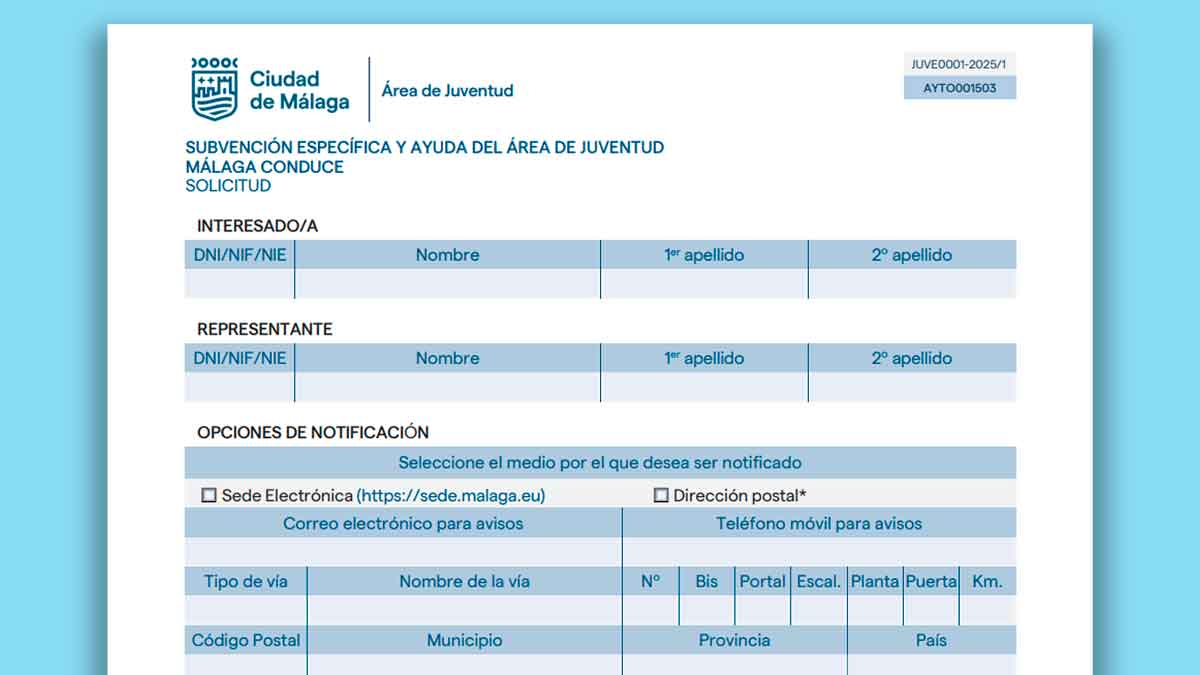 Formulario de solicitud Málaga Conduce 2025 del Área de Juventud de Málaga para la ayuda de 110 euros del carné de conducir