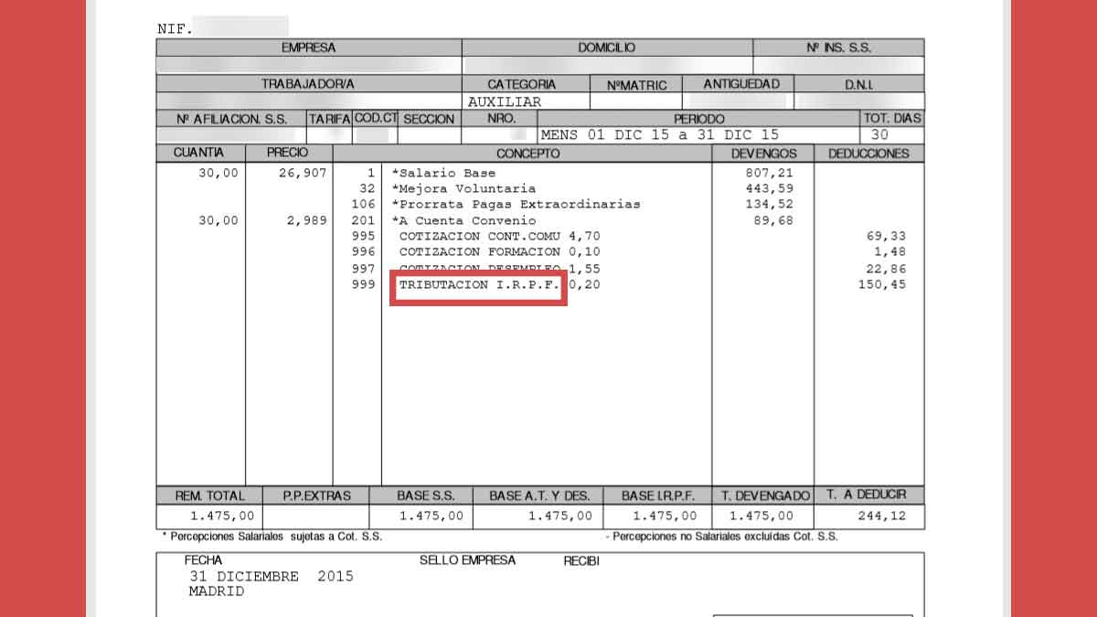 Detalle de nómina con el concepto “Tributación I.R.P.F.” resaltado, ejemplo práctico de la nueva deducción de hasta 340 € aplicable en 2025