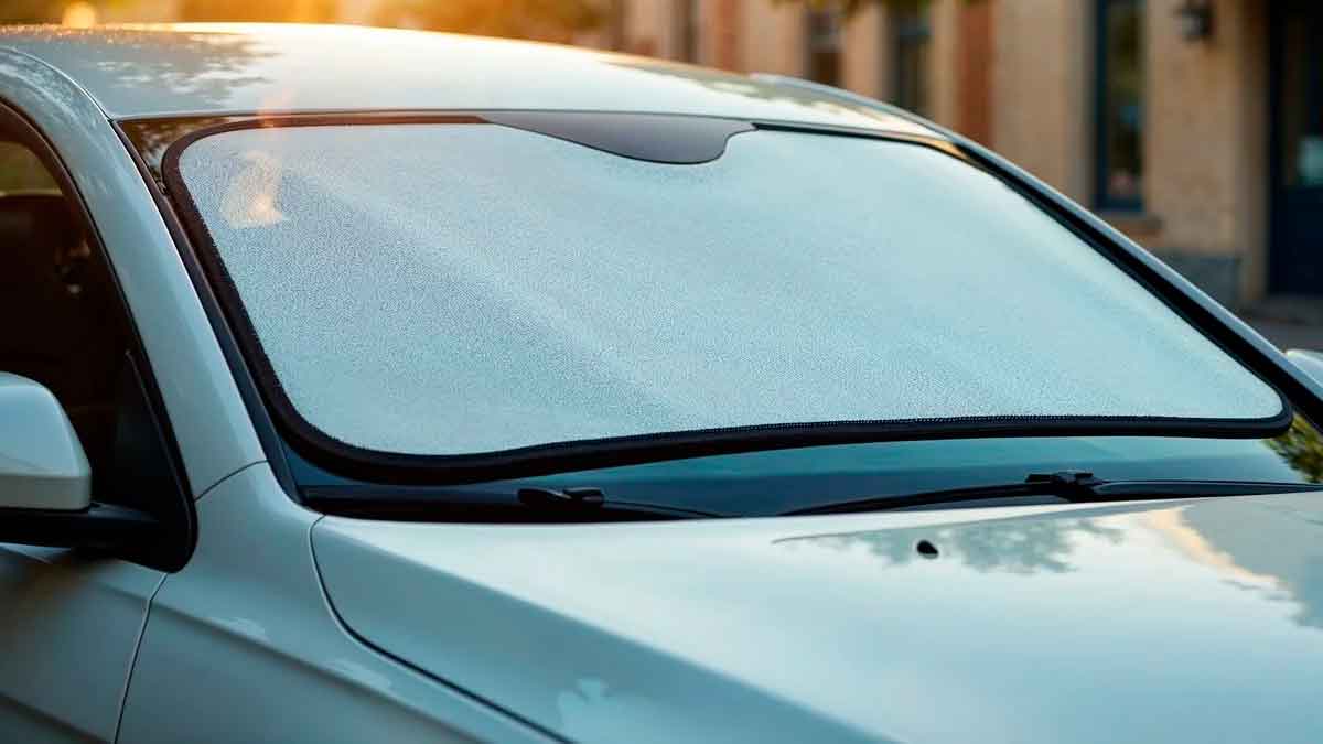 Parasol colocado en el parabrisas de un coche estacionado durante el verano