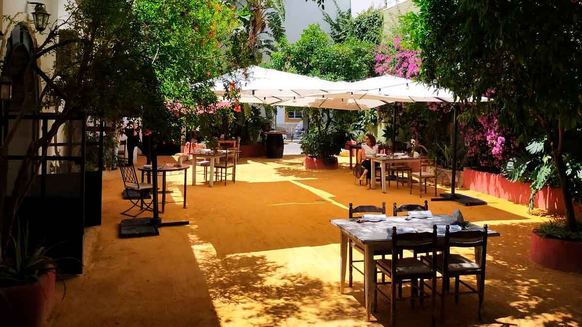 Patio interior del restaurante TohQa en El Puerto de Santa María, con mesas bajo toldos blancos entre naranjos y buganvillas.