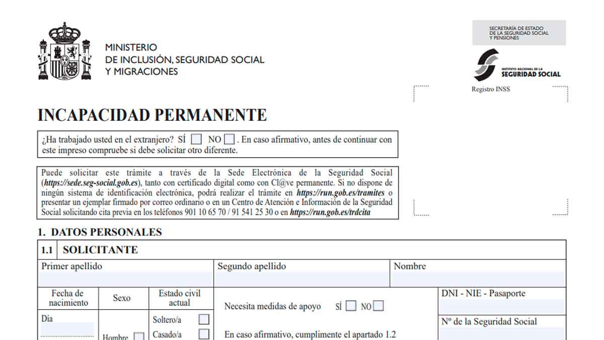 Formulario oficial para solicitar pensión de incapacidad permanente en la Seguridad Social