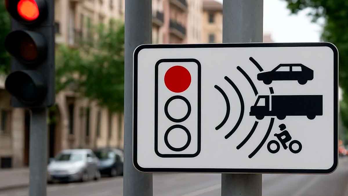 Señal S‑991c de la DGT junto a un semáforo en rojo, indica radar foto‑rojo que vigila coches, camiones y motocicletas