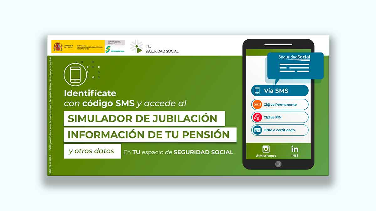 Pantalla del simulador de jubilación de la Seguridad Social mostrando acceso vía SMS para calcular la pensión futura