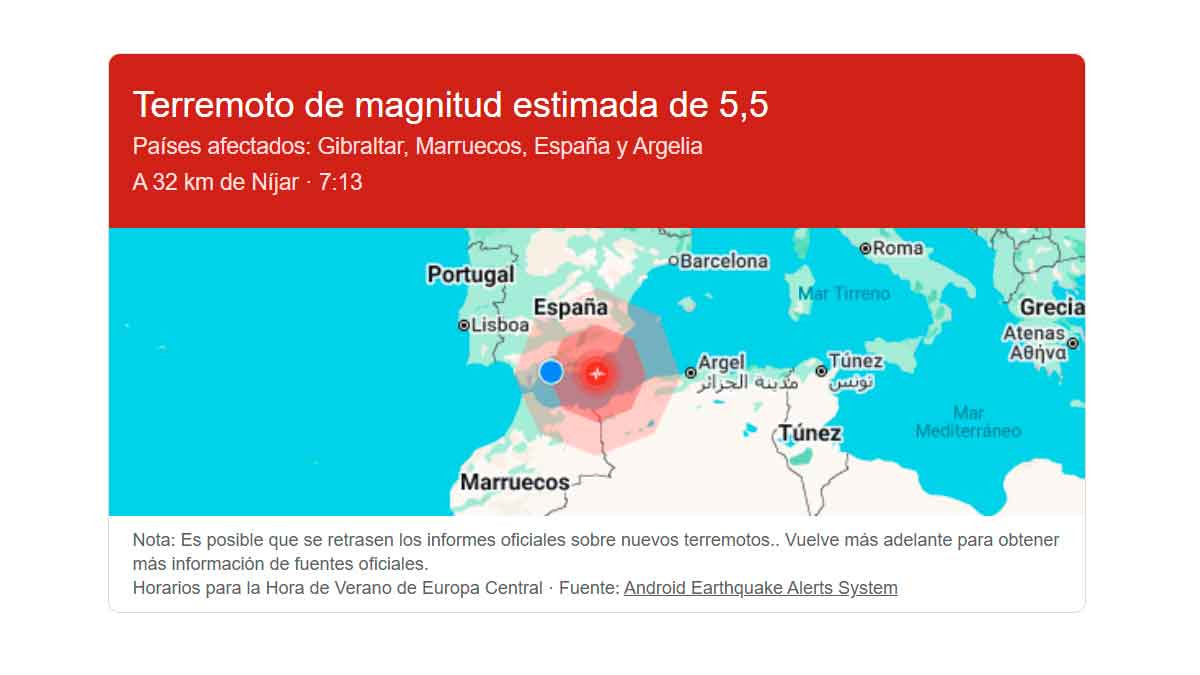 Mapa del terremoto en Almería con magnitud 5,5 afectando Andalucía, Gibraltar, Marruecos y Argelia