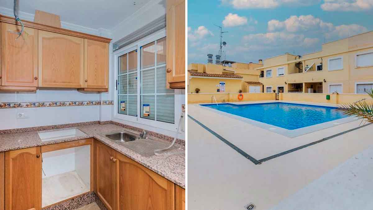 Cocina amueblada y piscina comunitaria de piso a estrenar BBVA cerca del mar en Cuevas del Almanzora
