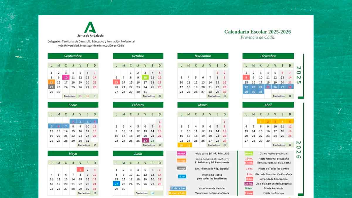 Calendario escolar 2025-2026 de Cádiz con festivos y vacaciones