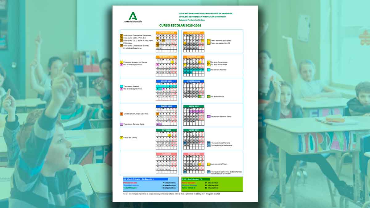 Calendario escolar oficial Andalucía curso 2025-2026 con fechas de inicio de clases, festivos y días no lectivos