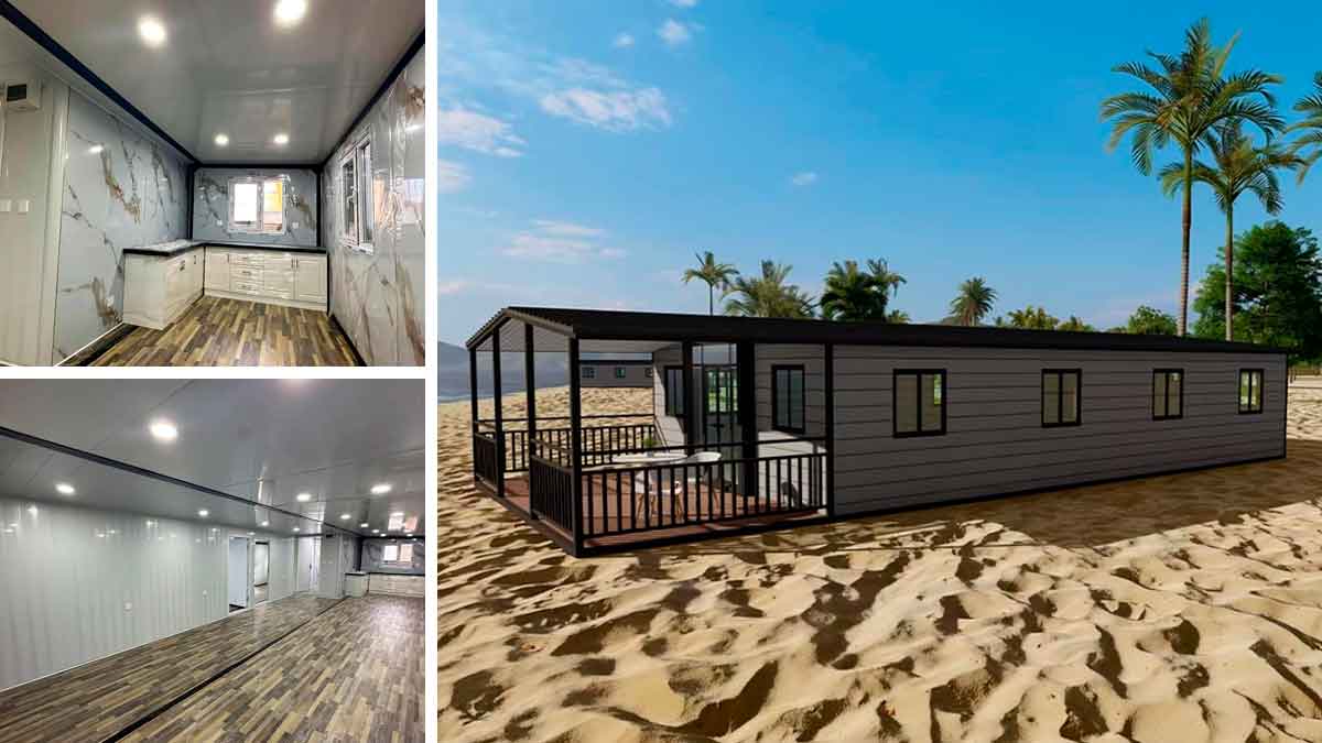 Casa prefabricada de Amazon en España con dos dormitorios, estructura portátil y diseño moderno en interiores y exteriores