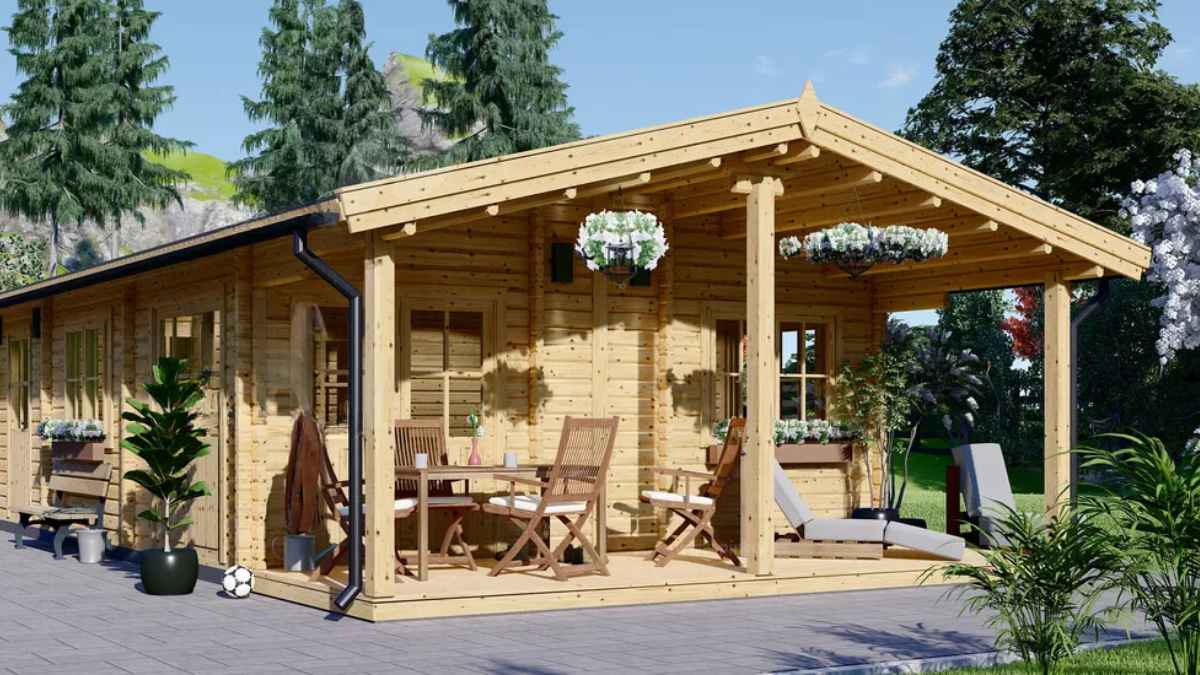 Casa prefabricada de madera de 114 m² con porche cubierto y diseño acogedor, modelo Boston Pineca